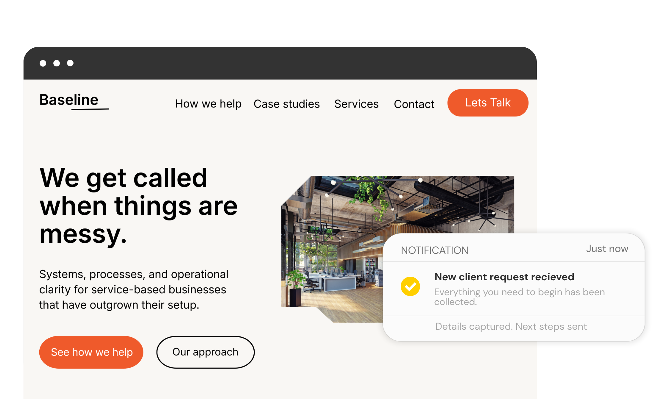 Example service website mockup showing a client notification