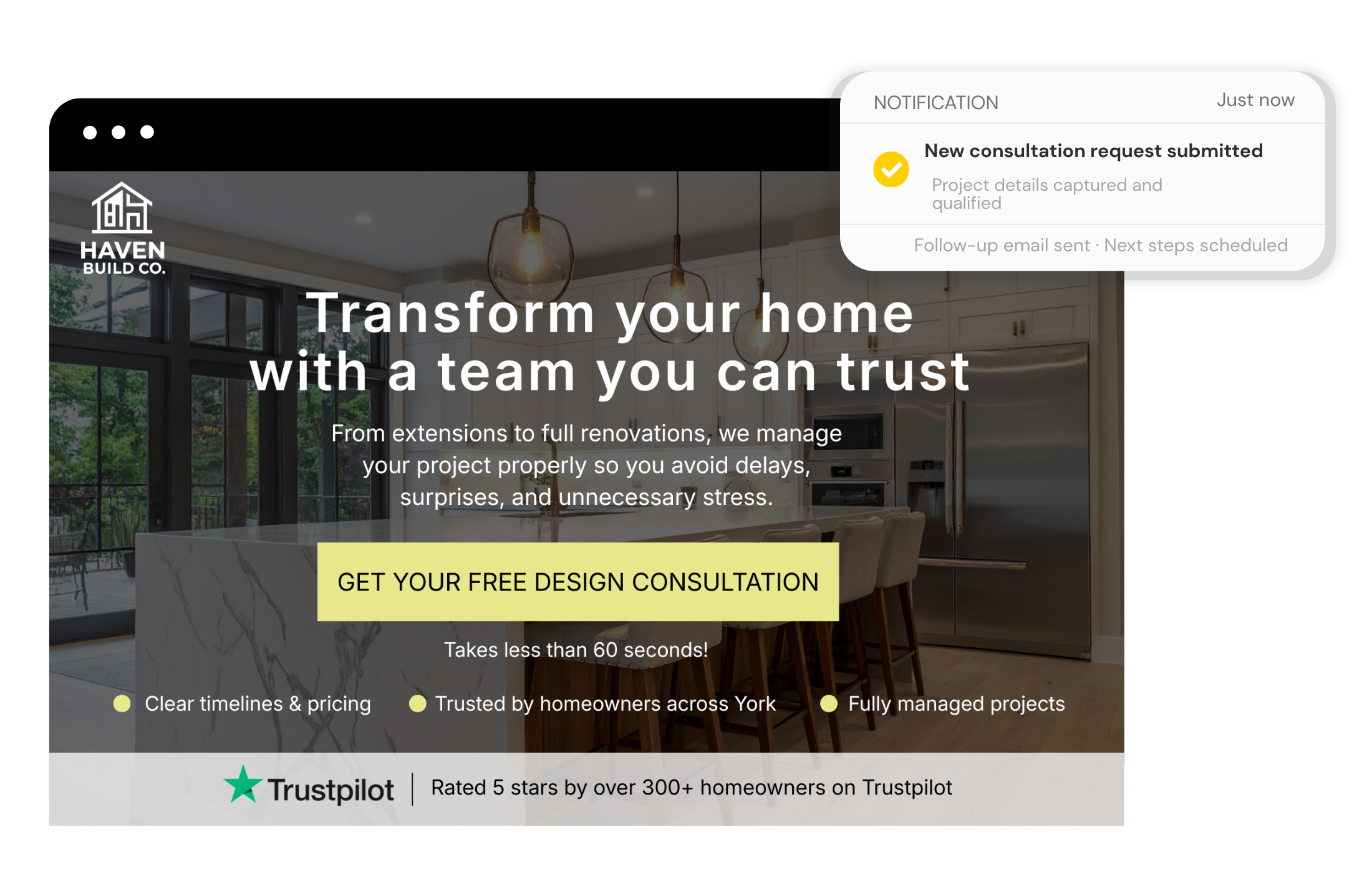 Example landing page mockup for a service-based business showing a consultation request notification