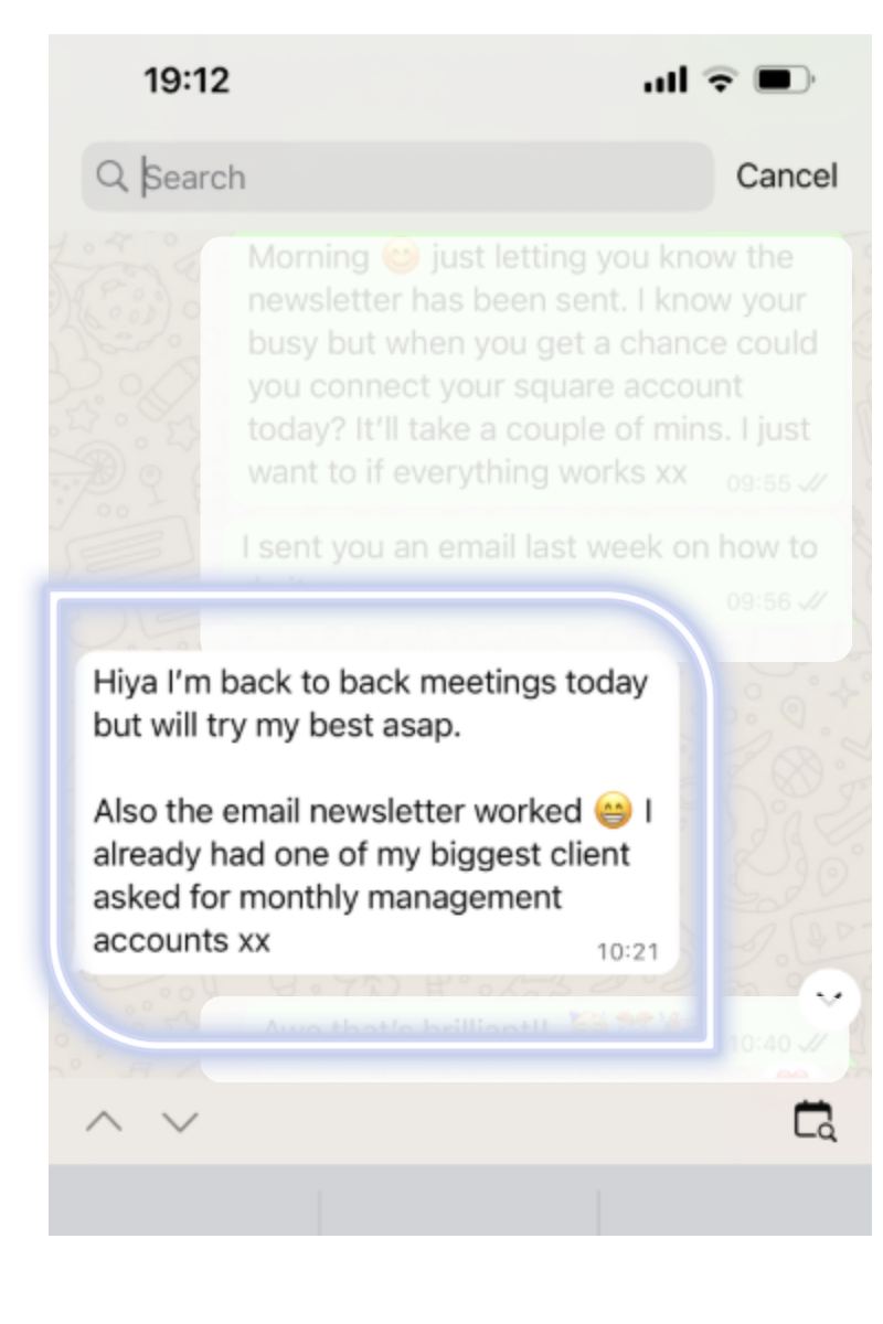 Client message showing result from monthly email newsletter